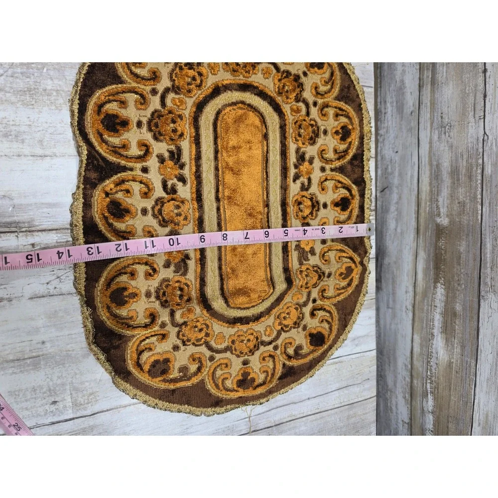 Vintage Brown Gold Velvet Baroque Scroll Table Runner Lace Trim 18.5x12.5 READ